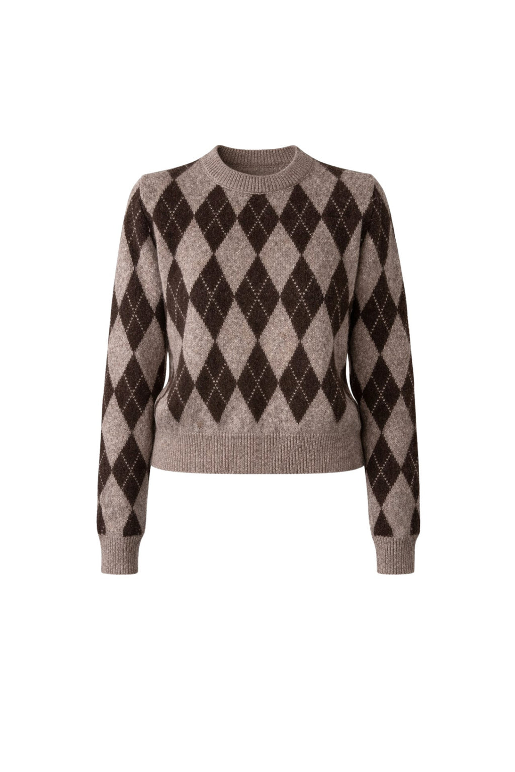 Diamond Pattern Crew Neck Brown Knit Sweater