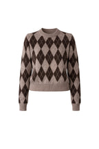Diamond Pattern Crew Neck Brown Knit Sweater