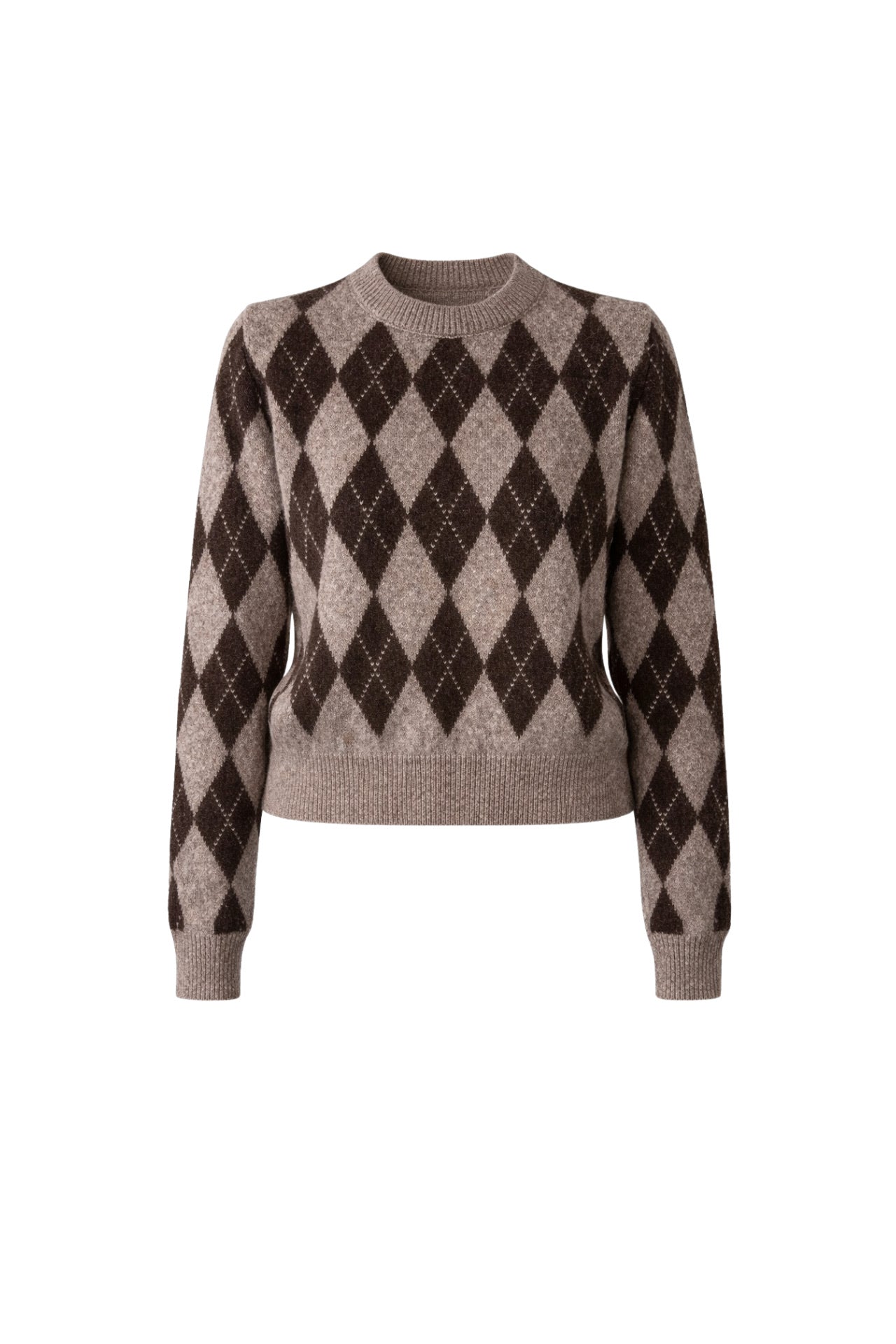 Diamond Pattern Crew Neck Brown Knit Sweater