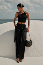Black Satin Trousers with Front Tie