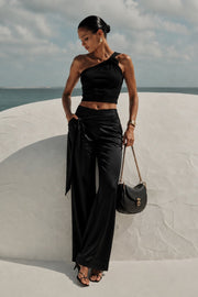 Black Satin Trousers with Front Tie