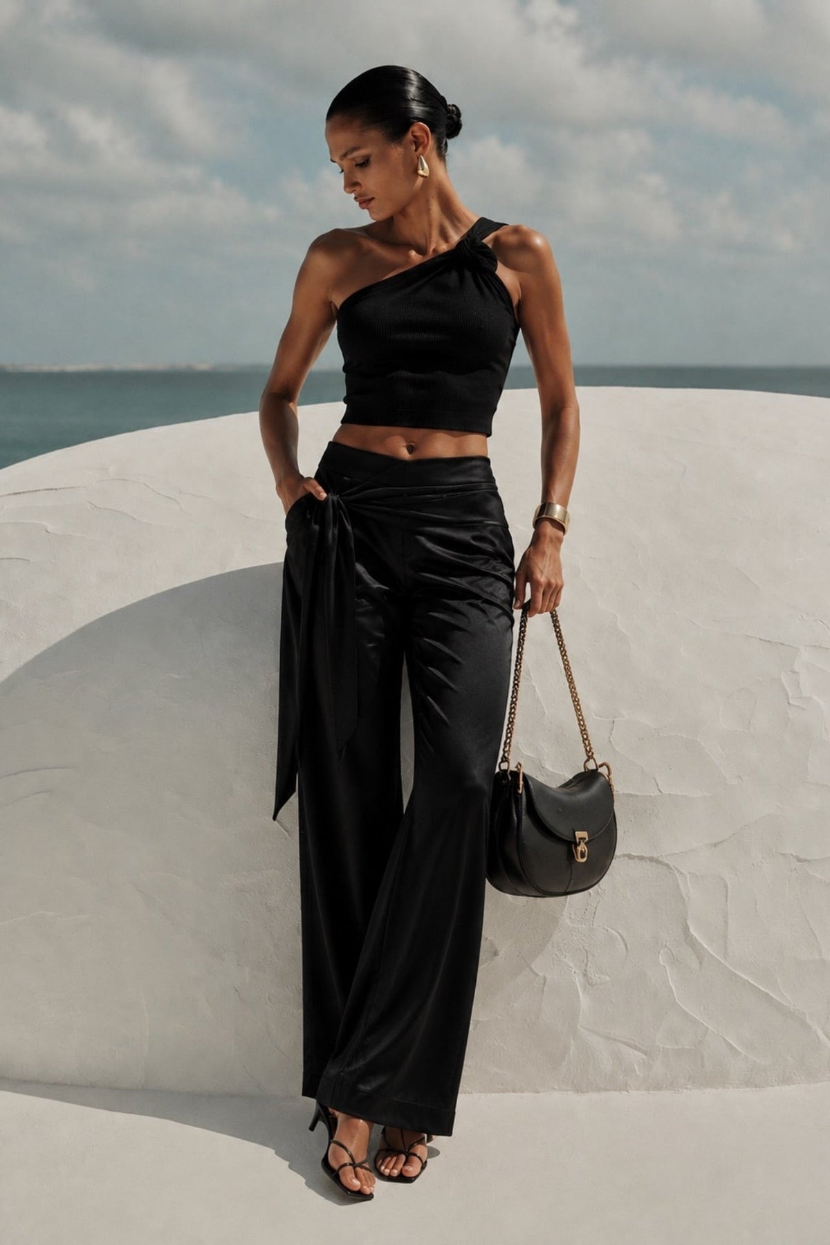 Black Satin Trousers with Front Tie