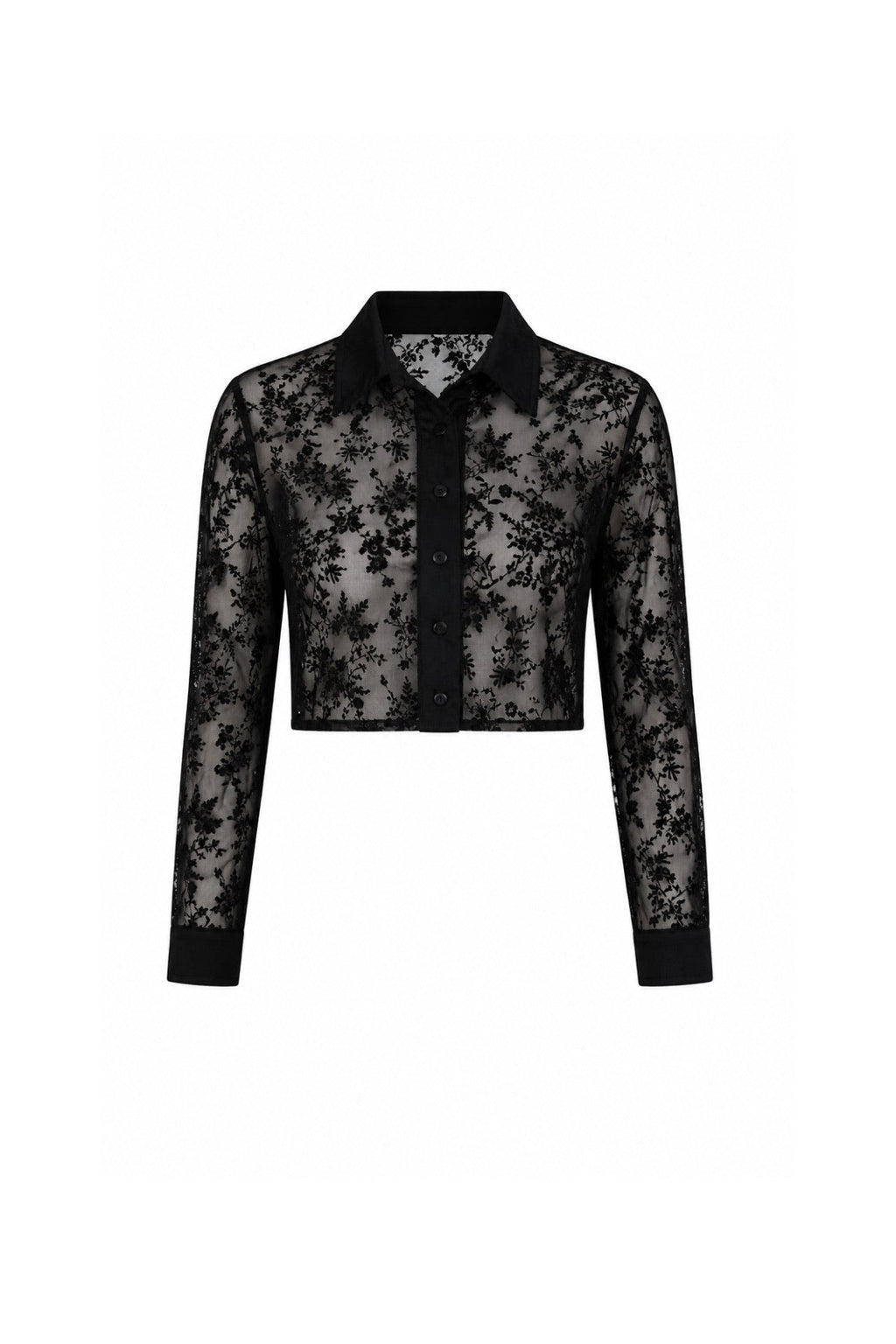 Polo Neck Guipure Black Crop Shirt