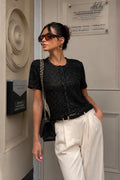 Shimmering Sleeveless Petek Pattern Blouse Cardigan Two-Piece Black Set