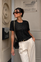 Shimmering Sleeveless Petek Pattern Blouse Cardigan Two-Piece Black Set
