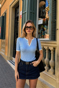 Button Detail Double Collar Blue Knit Blouse