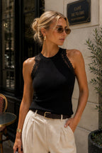 Halter Neck Lace Detail Black Knit Blouse