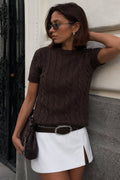 Cable-Knit Short-Sleeve Brown Knit Blouse