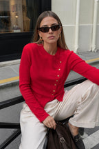Asimetrik Button Detail Long Sleeve Red Knit Blouse