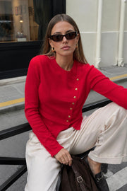 Asimetrik Button Detail Long Sleeve Red Knit Blouse