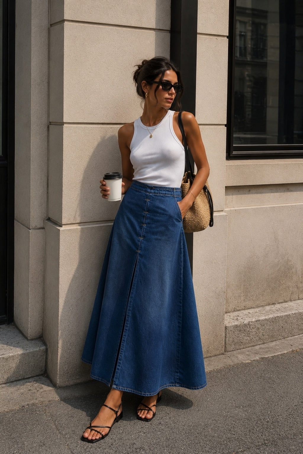 Stitch Detail Dark Blue Maxi Denim Skirt