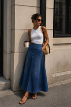 Stitch Detail Dark Blue Maxi Denim Skirt