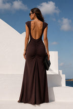 Brown Maxi Ruched Dress with Shoulder Pad and Slit Details