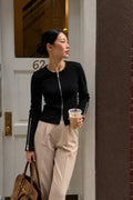 Double Fermuar Long Sleeve Black Textured Blouse