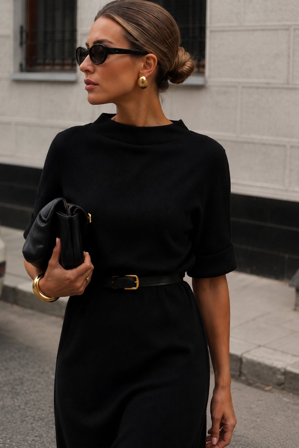Stand-Collar Kemer Detail Maxi Black Elbise