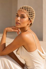 Beige Knitted Cap with Pearl Detail