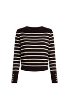 Striped Crew Neck Button Detail Black Knit Blouse