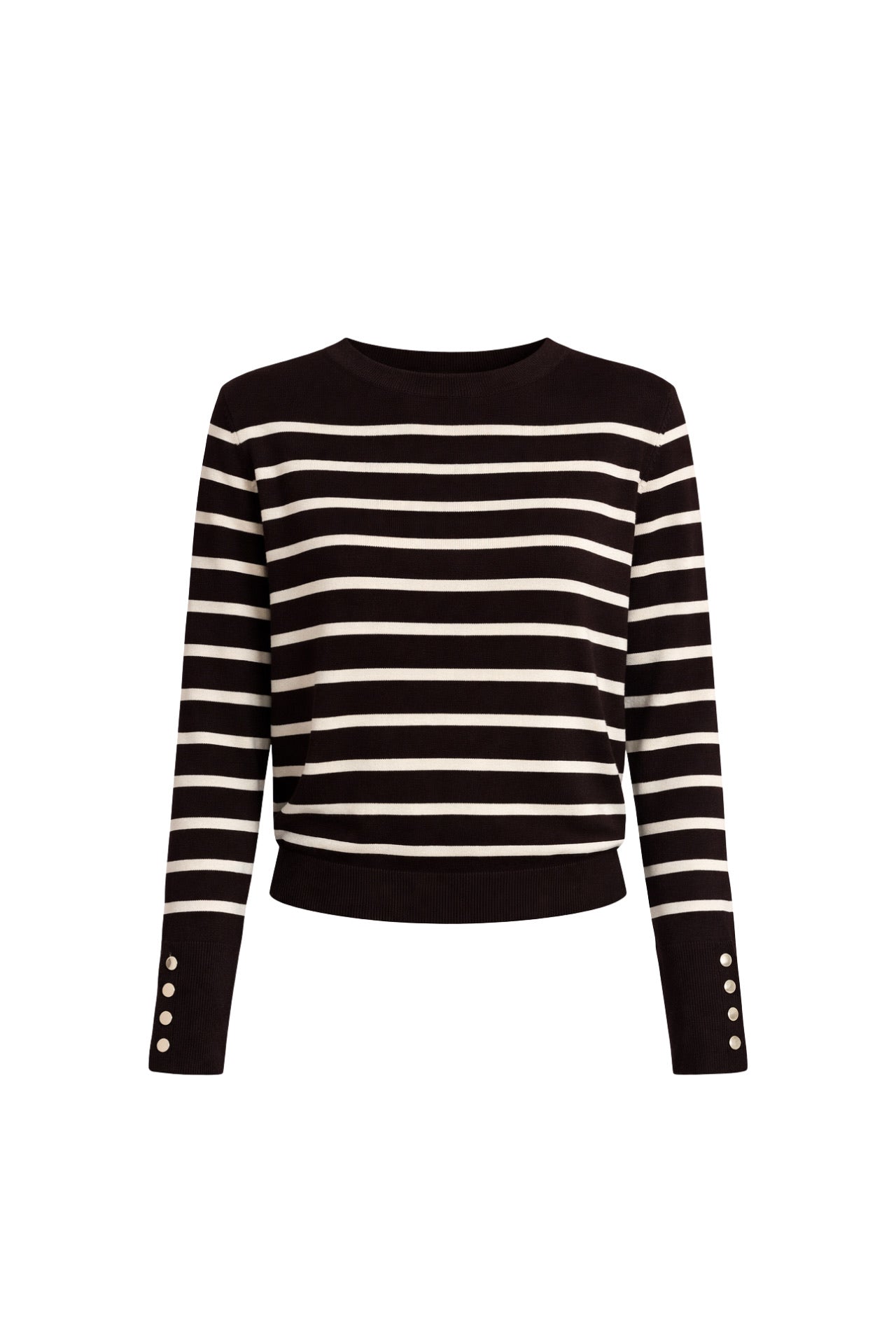 Striped Crew Neck Button Detail Black Knit Blouse