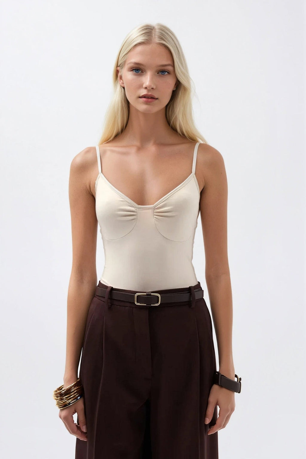 Ruched Front Strappy Beige Bodysuit