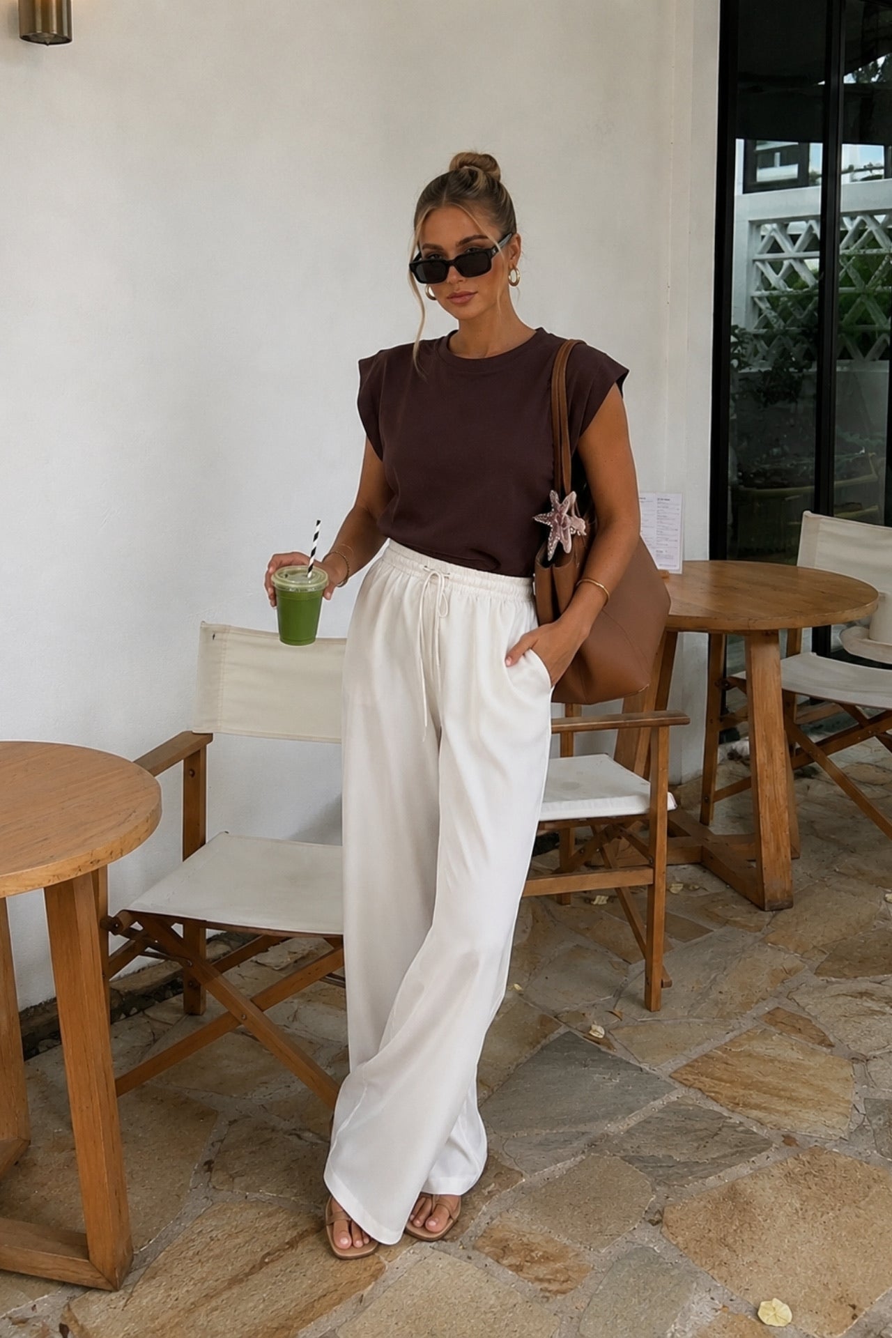 Waist Ruched Detail Padded Shoulder Brown Blouse