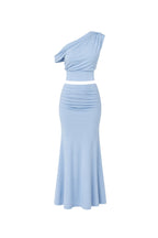 One-Shoulder Fitted Waist Blouse Ruched Detail Maxi Skirt Two-Piece Blue Set