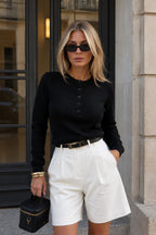 Crew Neck Button Detail Textured Black Blouse