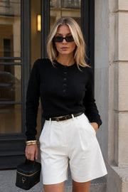 Crew Neck Button Detail Textured Black Blouse