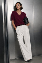 V-Neck Short Sleeve Textured Burgundy Blouse