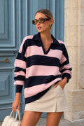 Striped Polo Collar Pink Knit Kazak