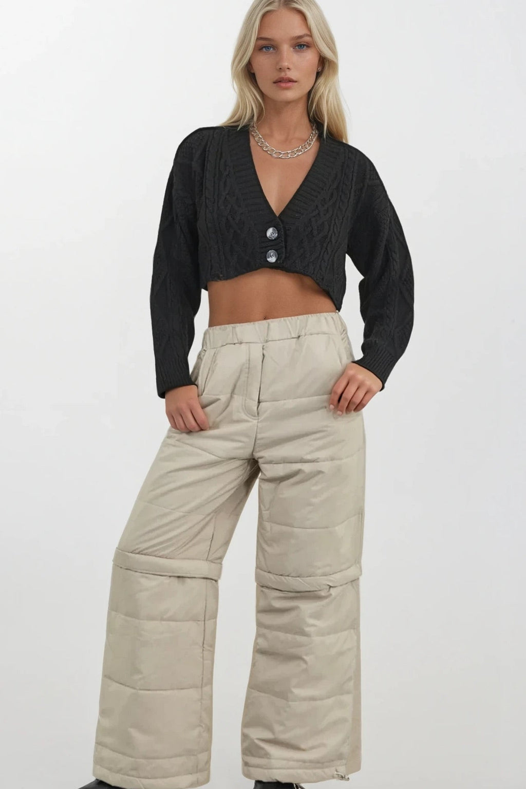 Zipper Detail Beige Quilted Trousers