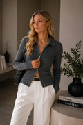 Polo Neck Double Zipper Gray Knitted Blouse