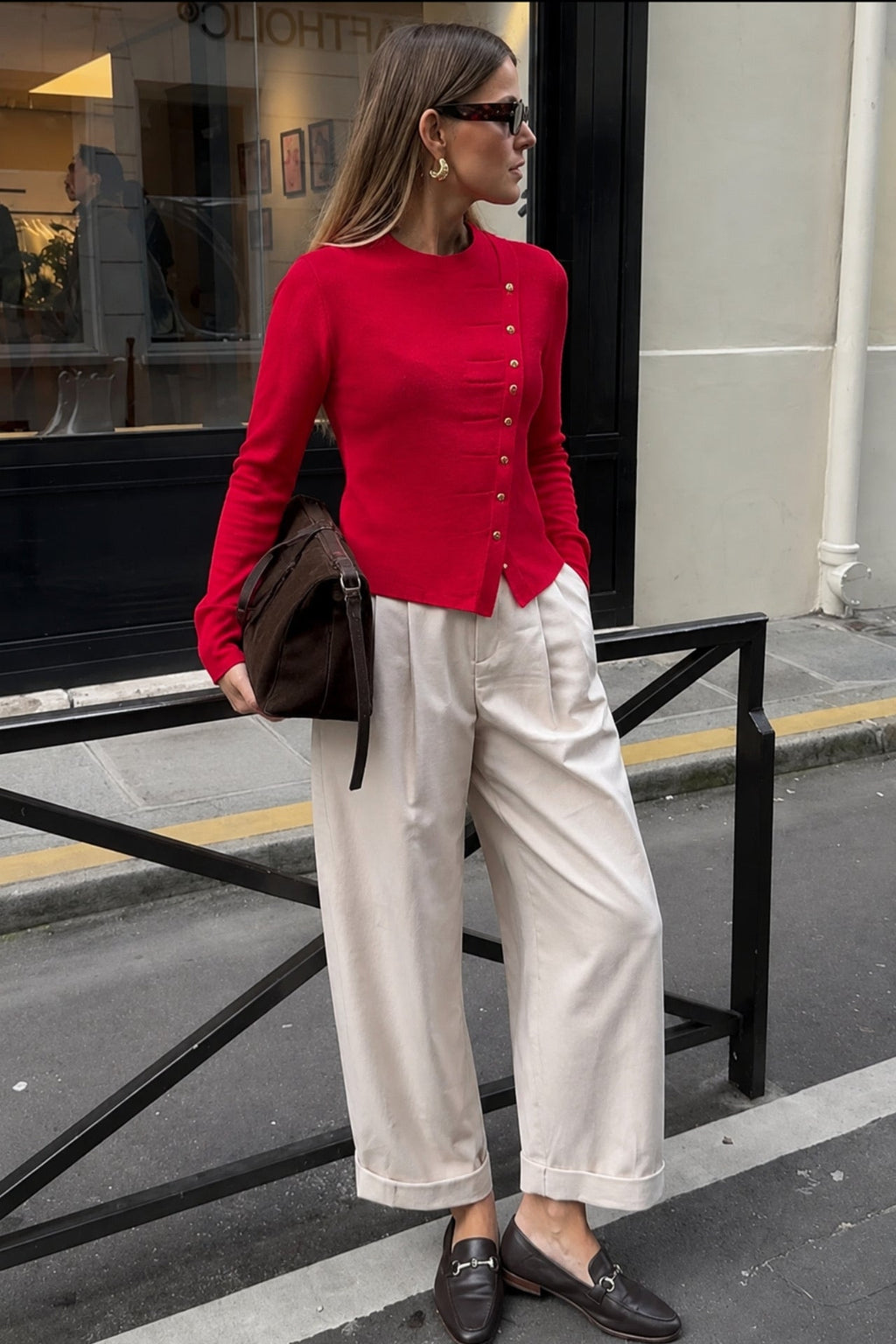 Asimetrik Button Detail Long Sleeve Red Knit Blouse