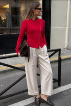 Asimetrik Button Detail Long Sleeve Red Knit Blouse