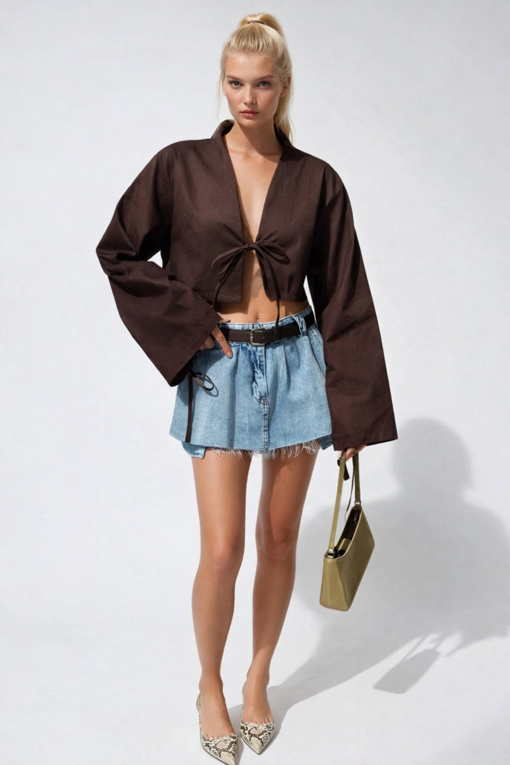 Tie Detail Long Kol Brown Blouse