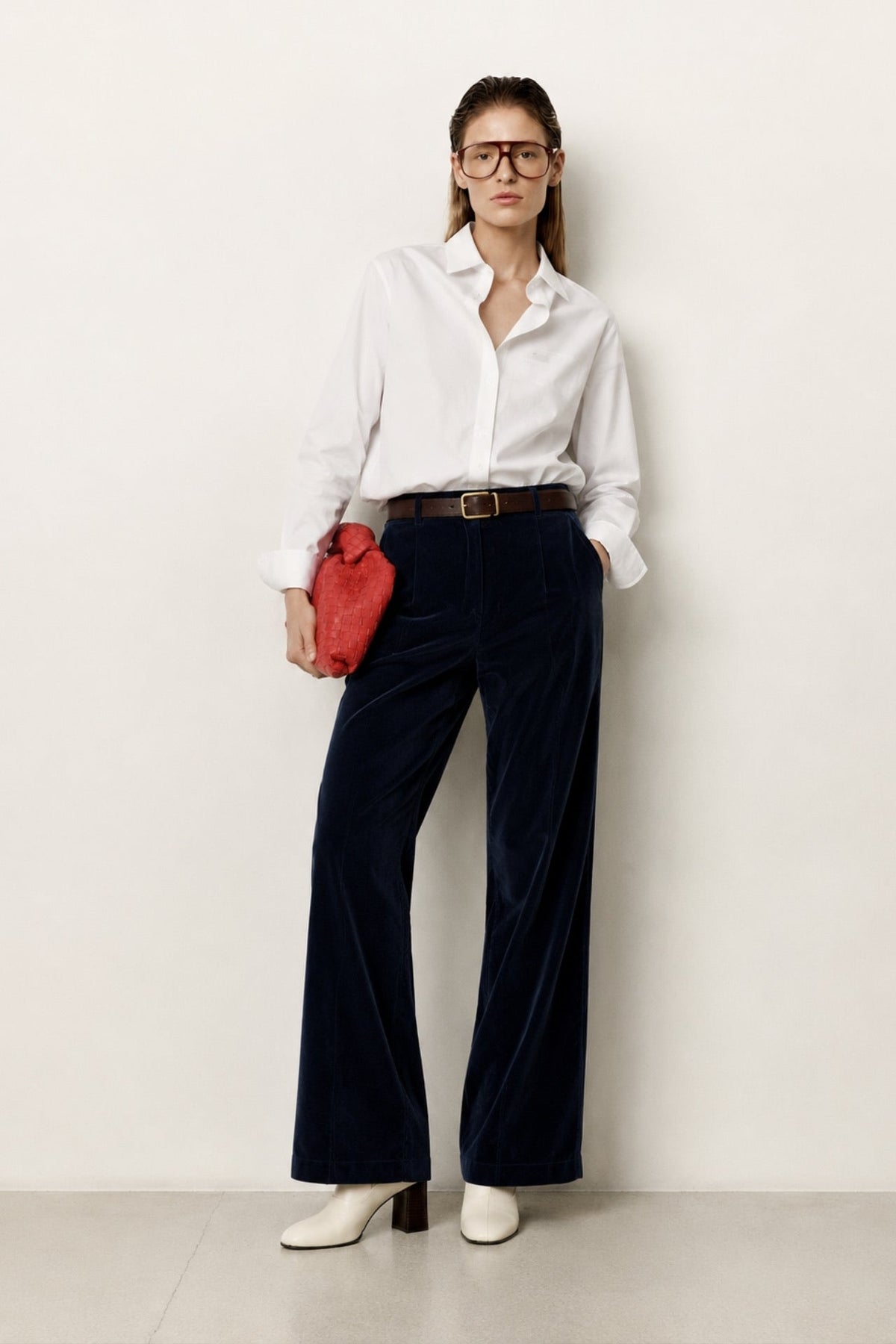 High-Waisted Textured Navy Velvet Trousers