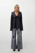 Wide Collar Ruffle Sleeve Black Shirt