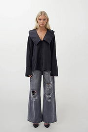 Wide Collar Flounce Sleeve Black Shirt