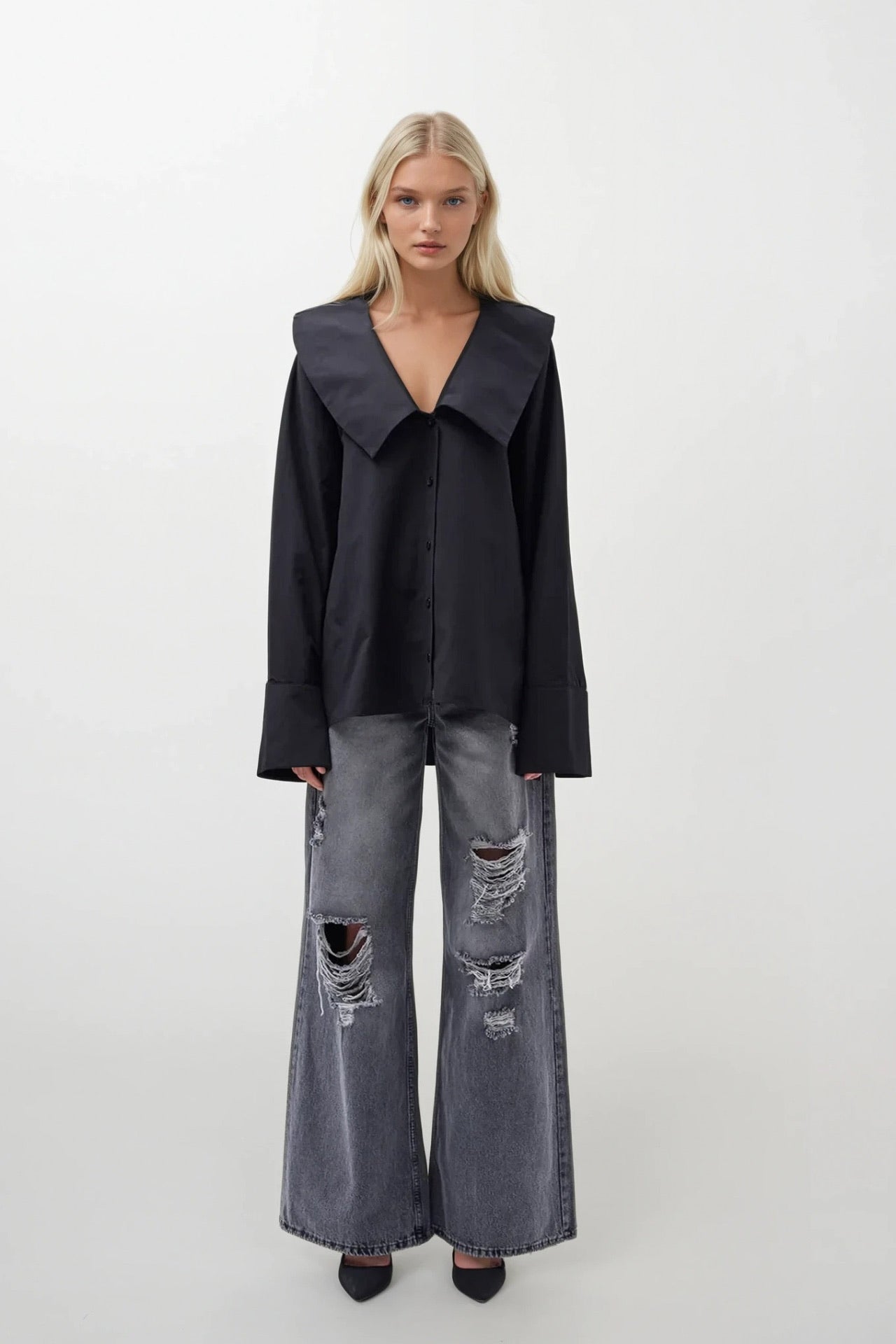 Wide Collar Ruffle Sleeve Black Shirt