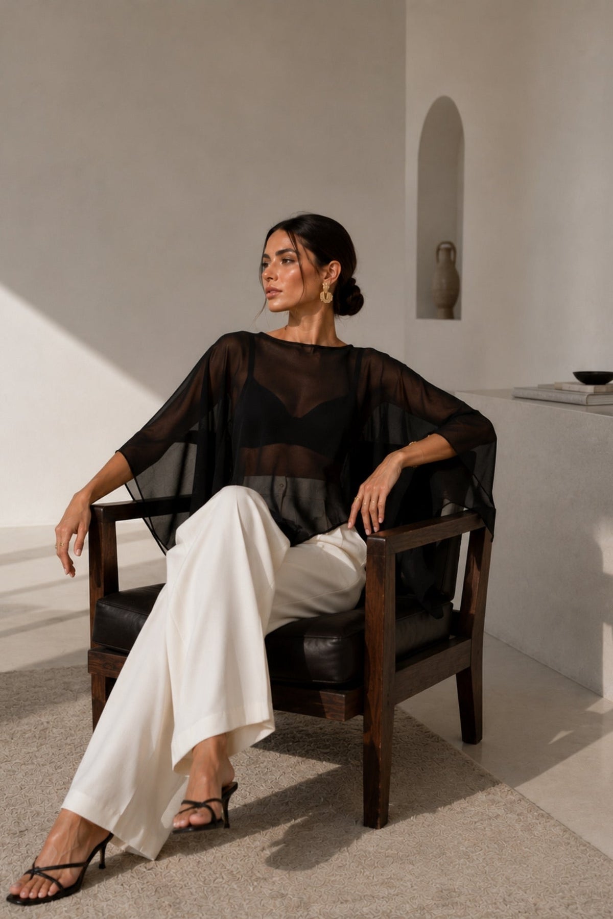 Boat Neck Asymmetric Transparent Black Blouse