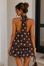 Polka Dot Balloon Sleeve Halter Mini Brown Dress