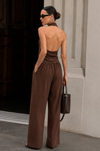 Neck Tie Detail Blouse Trousers Two-Piece Brown Keten Set