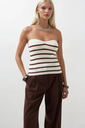 Striped Strapless Textured White Brown Blouse