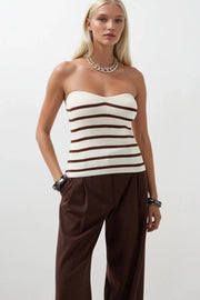 Striped Strapless Textured White Brown Blouse