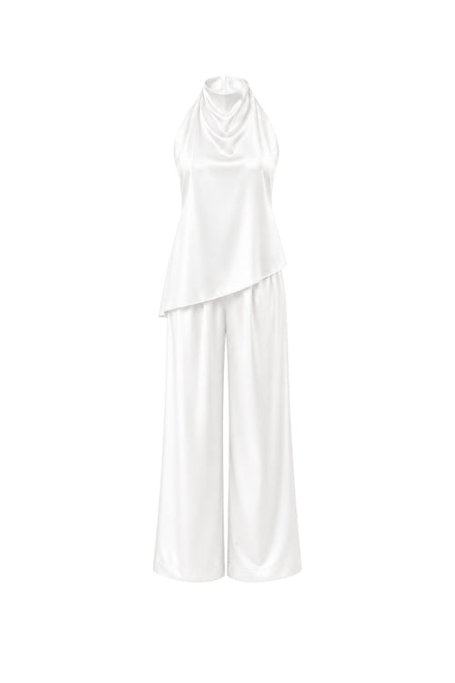Asymmetric Cut Back Low-cut Blouse Trousers Double White Satin Set