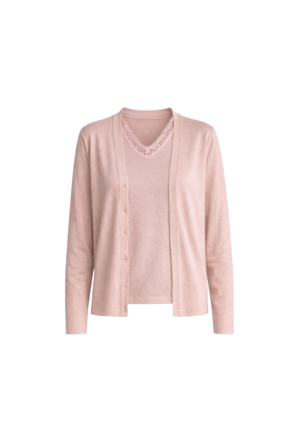 Button Detail Fine Blouse V-Neck Lace Blouse Two-piece Pink Knit Set