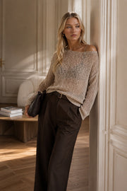 Open-Knit Wide Collar Beige Knit Blouse