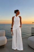 Asymmetric Cut Out Back Blouse Trousers Two-Piece White Satin Set