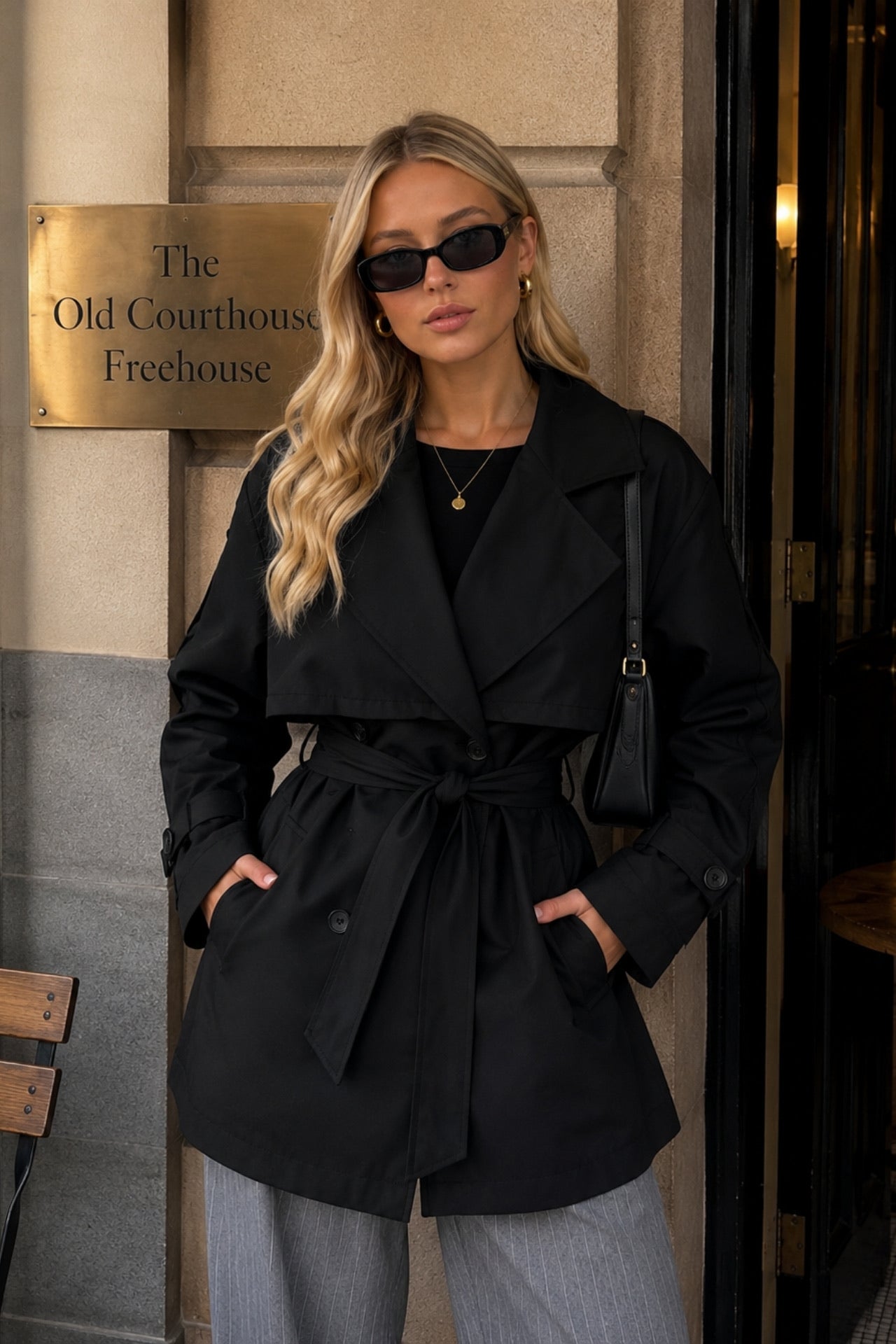 Sash Detail Basic Black Trench Coat
