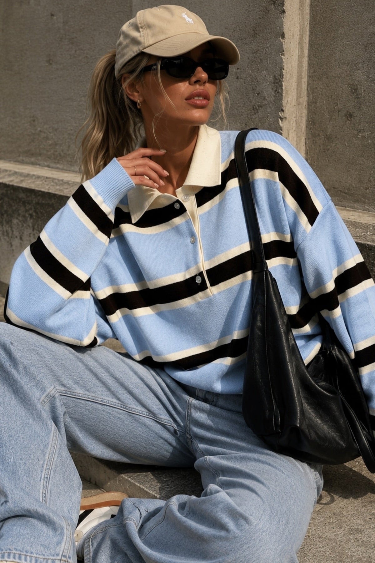 Polo Neck Button Detail Striped Blue Knit Sweater