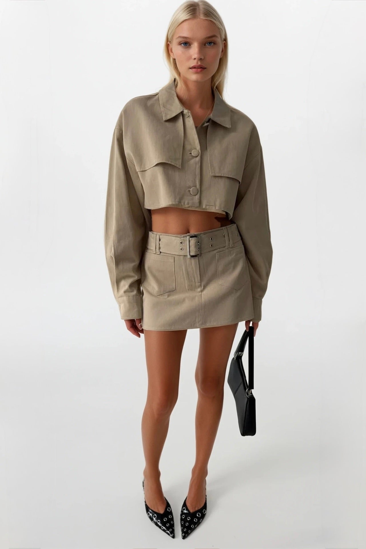 Button Detay Beige Crop Jacket